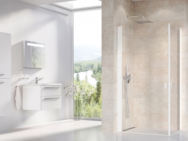 Dušo durys Ravak Chrome CRV1-90 baltu matiniu profiliu, skaidriu stiklu 